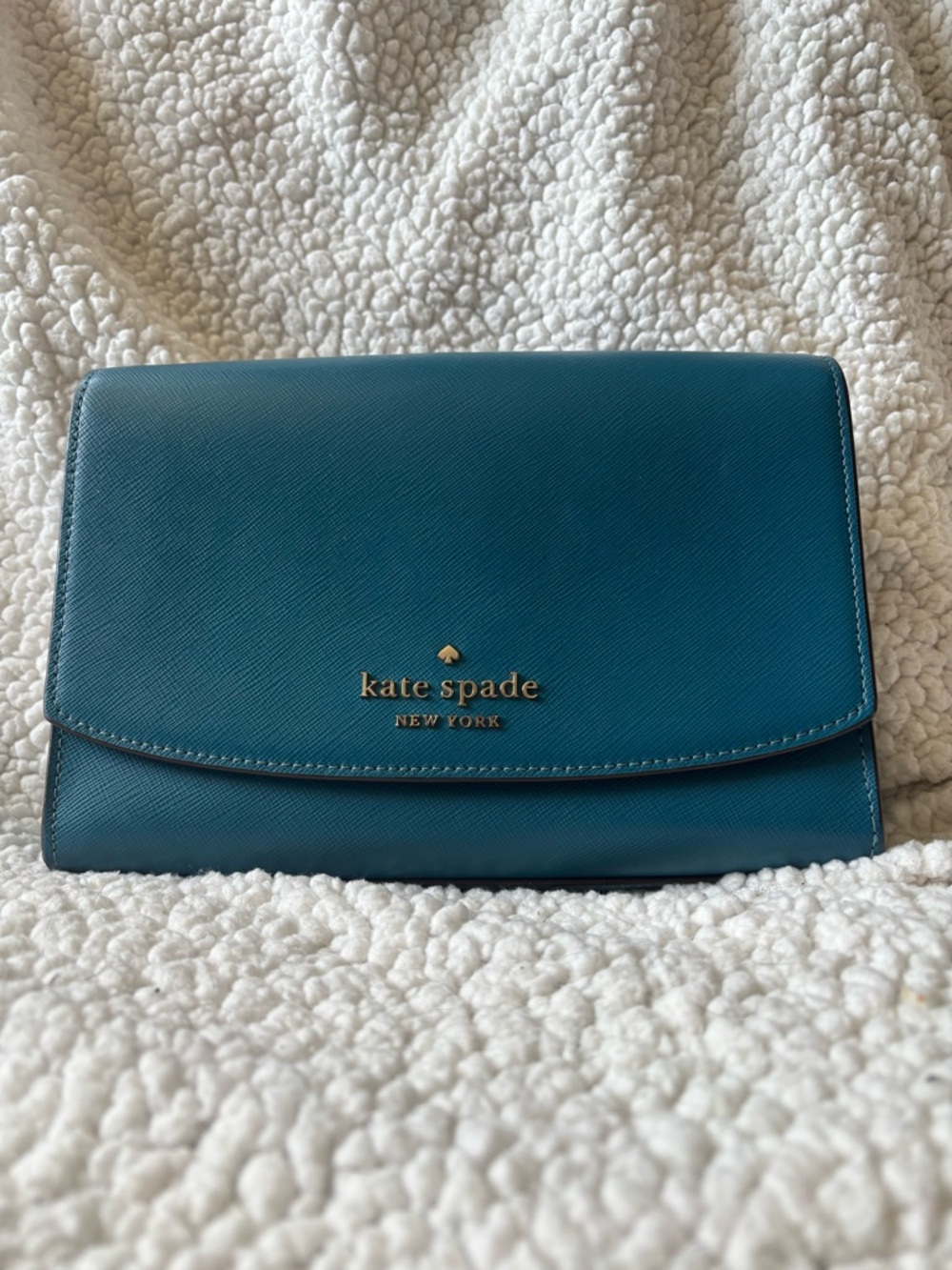 kate spade Teal Saffiano Leather Wristlet Clutch with Gold Logo